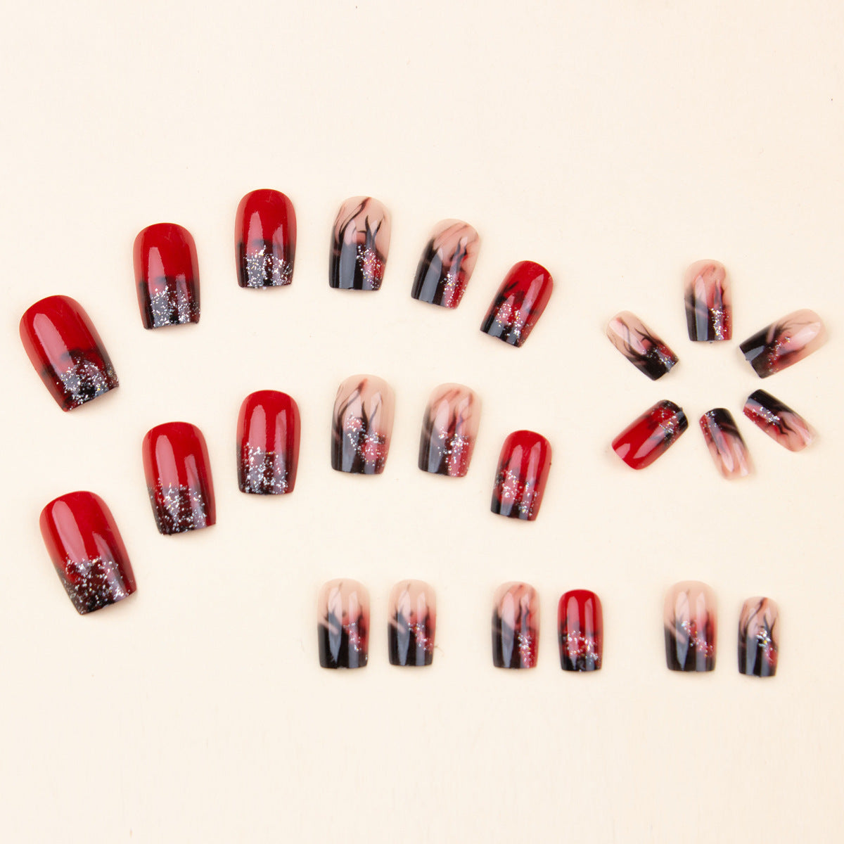 Colorful Flame Nail Art Stickers & Fake Nail Patches with Glue Set
