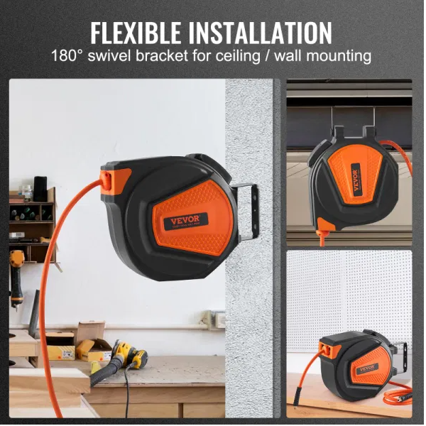 Retractable Air Hose Reel with 50ft Hybrid Polymer Hose for Workshop & Garage