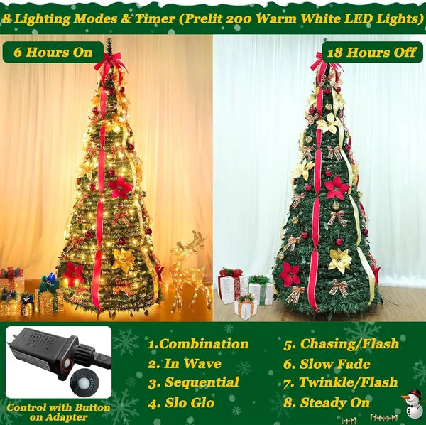 6 Ft Prelit Christmas Tree with 200 LED Lights & 64 Ornaments
