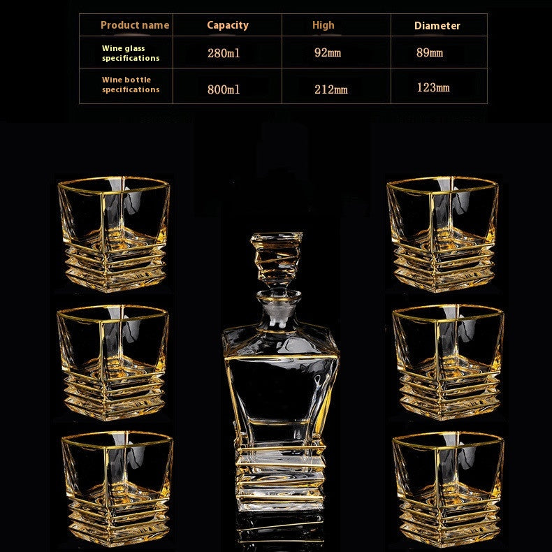 Crystal Glass Whiskey and Wine Set - Creative Gold Finish, 7-Piece Home Barware