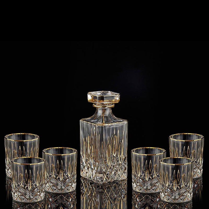 Crystal Whisky Glass Set - Home Bar Drinkware with Gilded Pattern