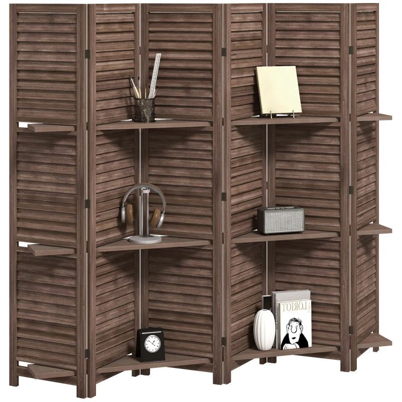 Wood Privacy Screen Room Divider with 3 Shelves - Walnut