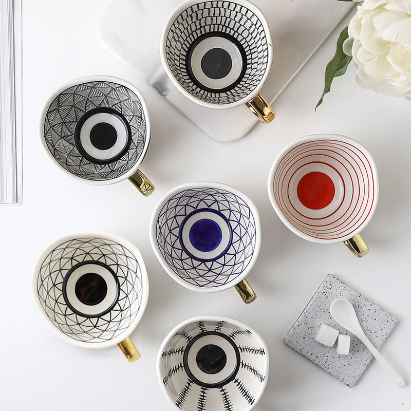 Japanese Geometric Ceramic Mug - Wide Mouth Hand-Pinched 330ml Drinkware