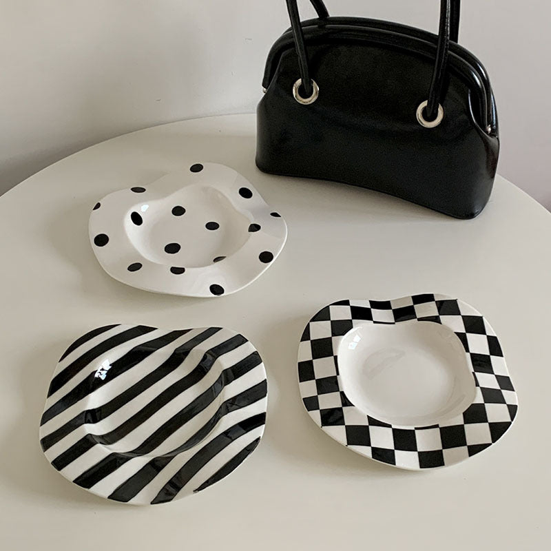 8-Inch Porcelain Breakfast Plate with Dot and Stripe Designs - Irregular Underglaze