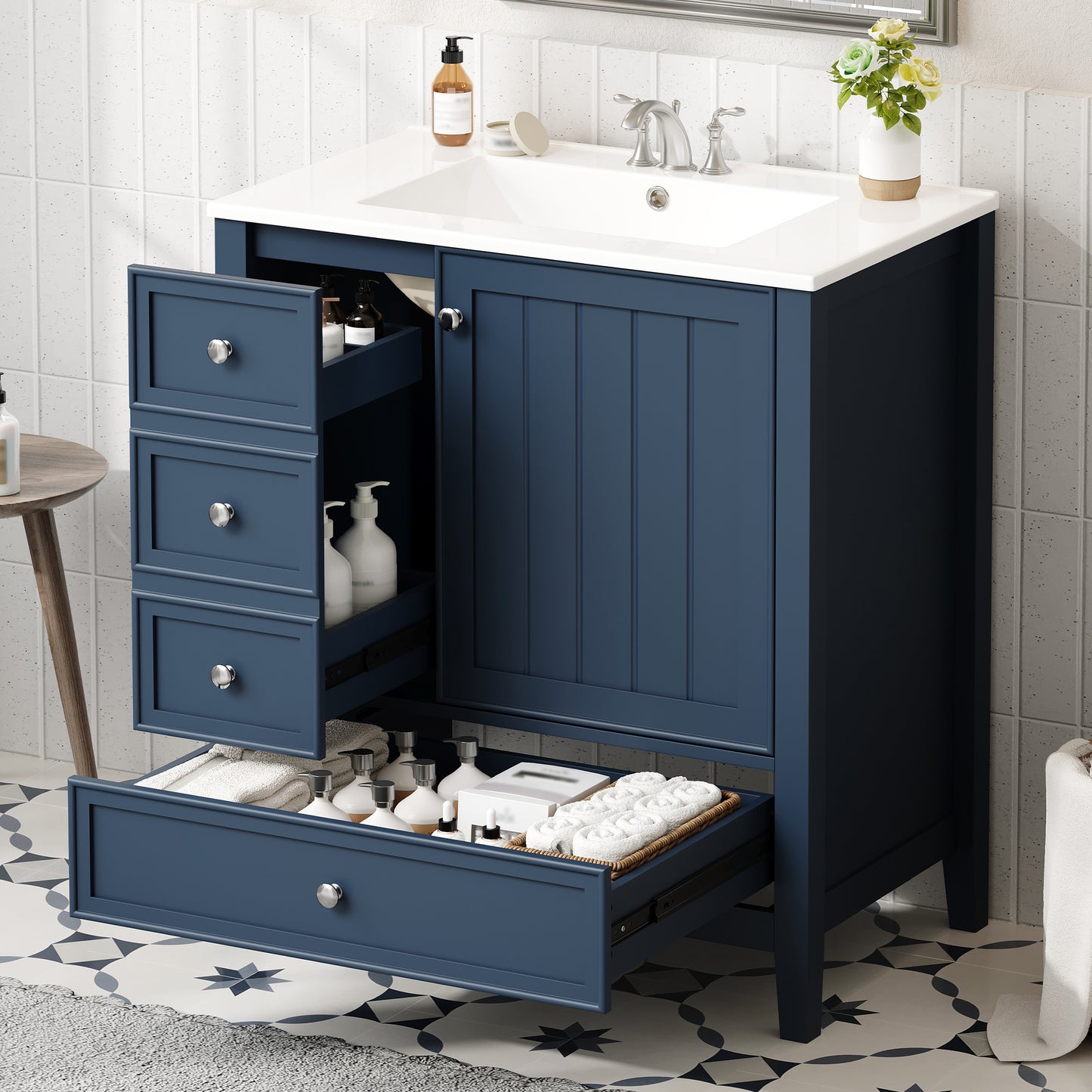 30" Bathroom Vanity with Sink, One Cabinet & Three Drawers - Blue