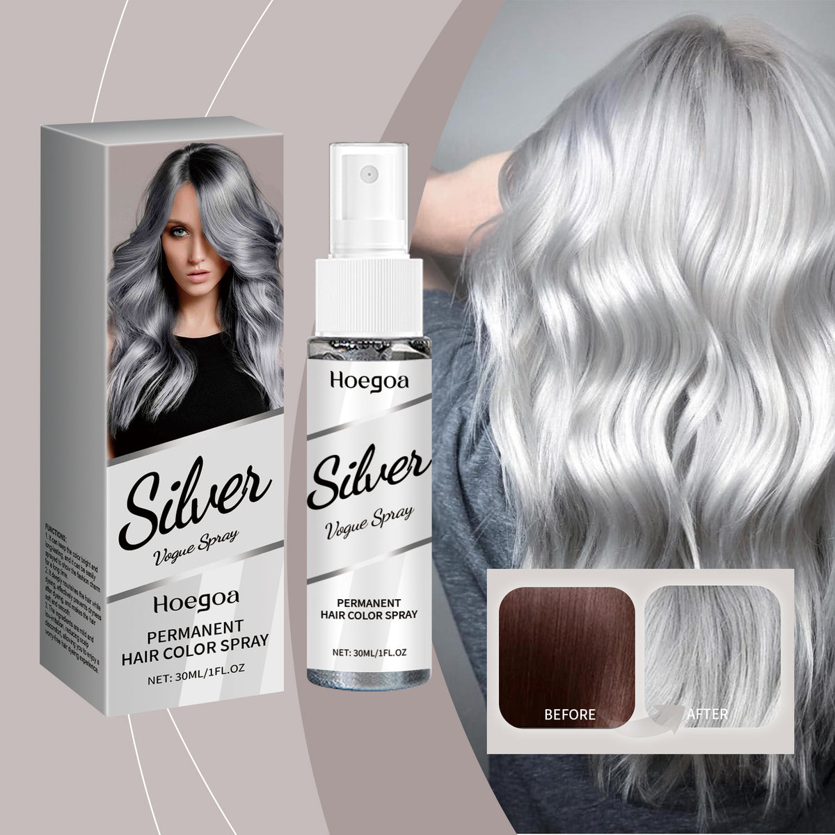 Silver Gray Hair Dye Spray 30ml for Temporary Hair Coloring