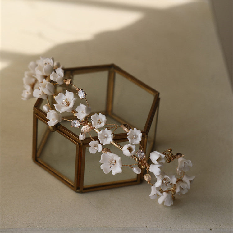Ceramic Cherry Blossom Pearl Hair Hoop - Bridal Hair Accessory