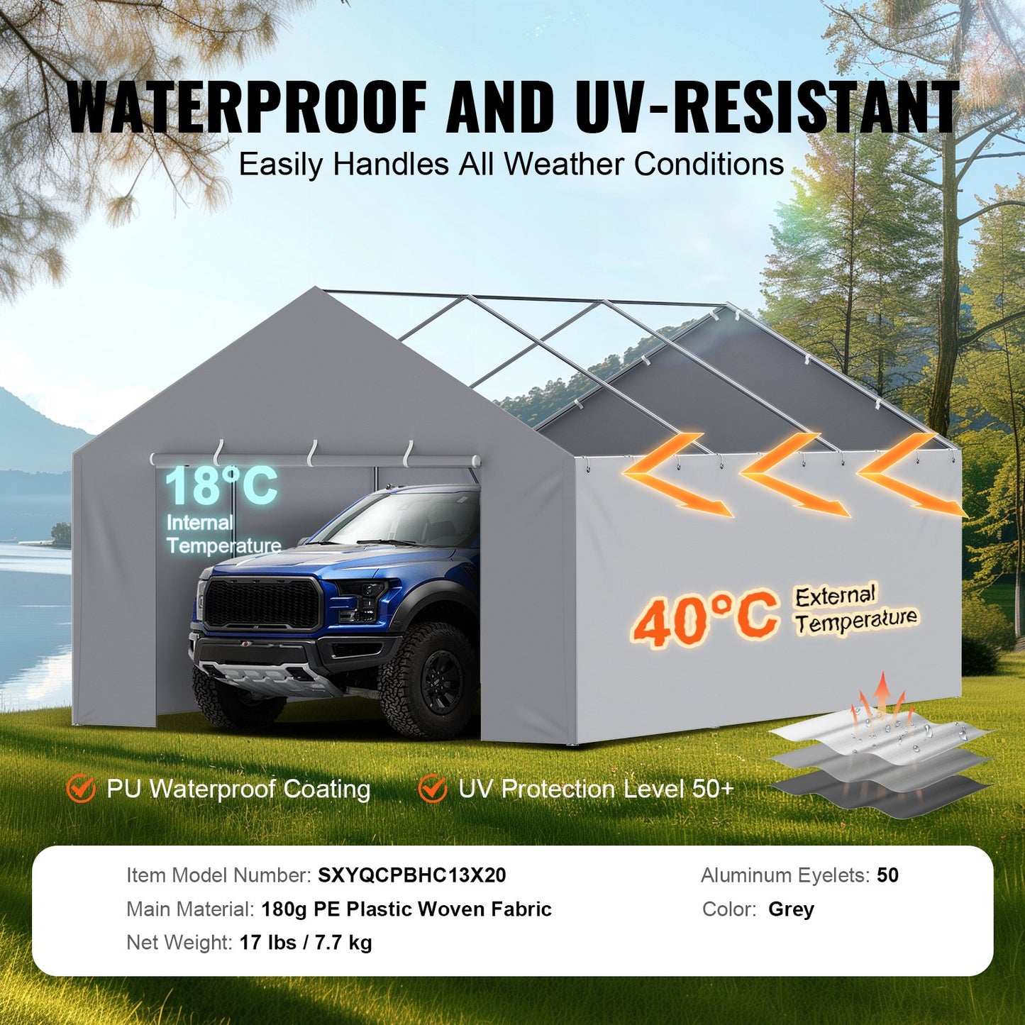 13x20 Ft Waterproof UV Side Wall Canopy Cover for Garage Shelter - Grey