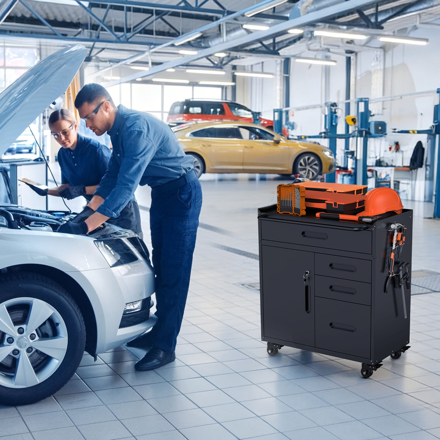 34.3" Mobile Tool Storage Cabinet - Lockable Rolling Chest in Black