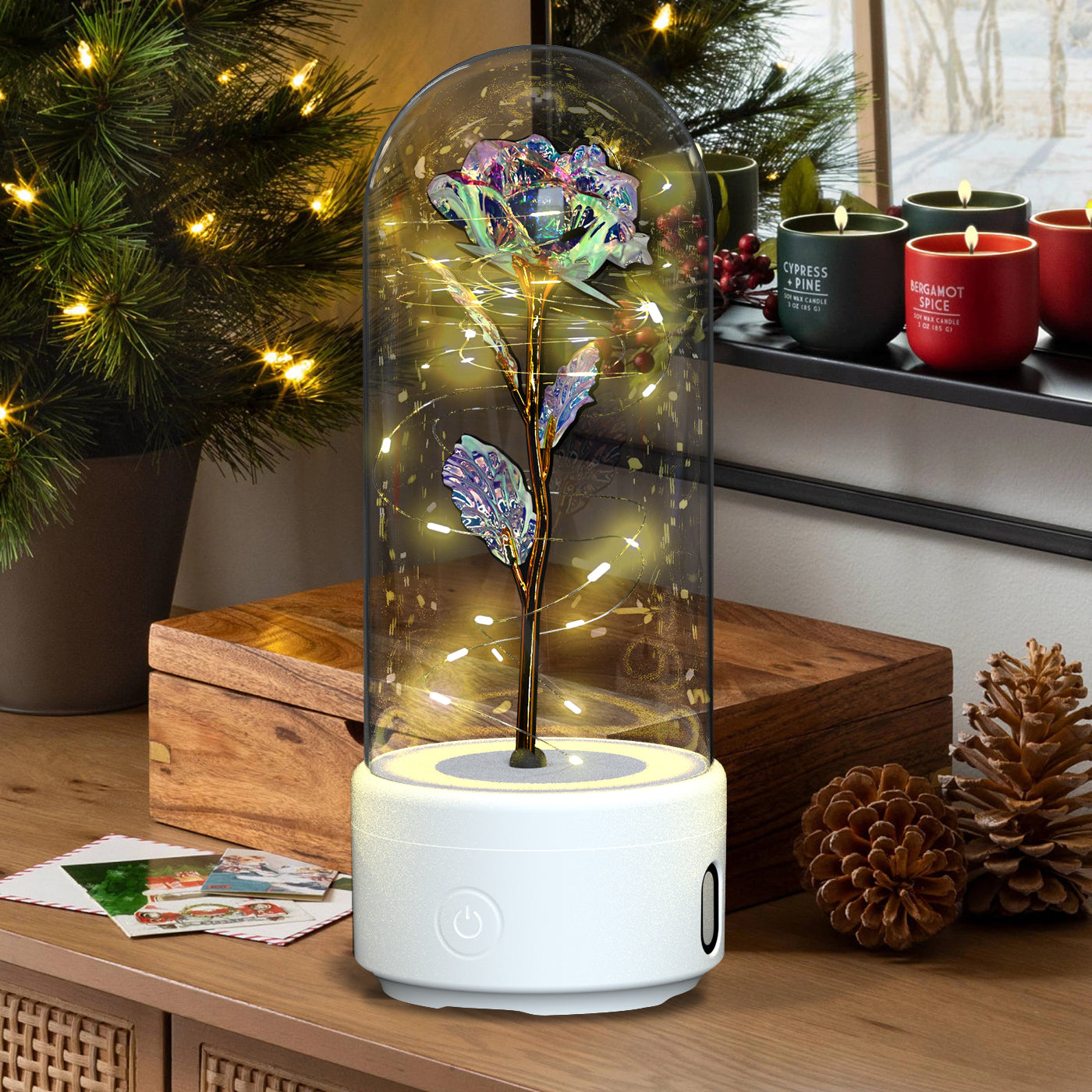 2-in-1 Rose LED Night Light with Bluetooth Speaker - Romantic Glass Decor