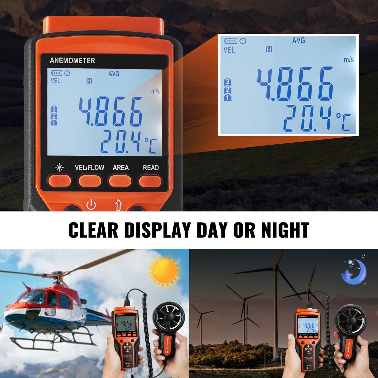 Digital Wind Speed & Temperature Meter with LED Backlight - Orange