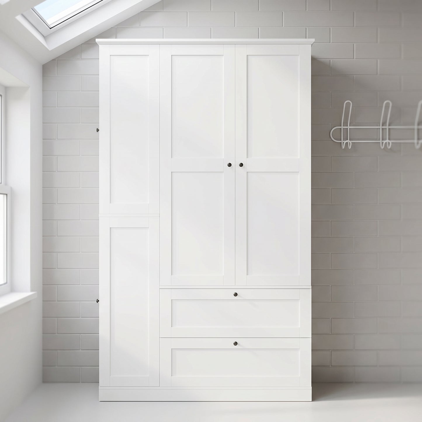 Tall Farmhouse Kitchen Pantry Cabinet - 7 Shelves, 2 Drawers, White