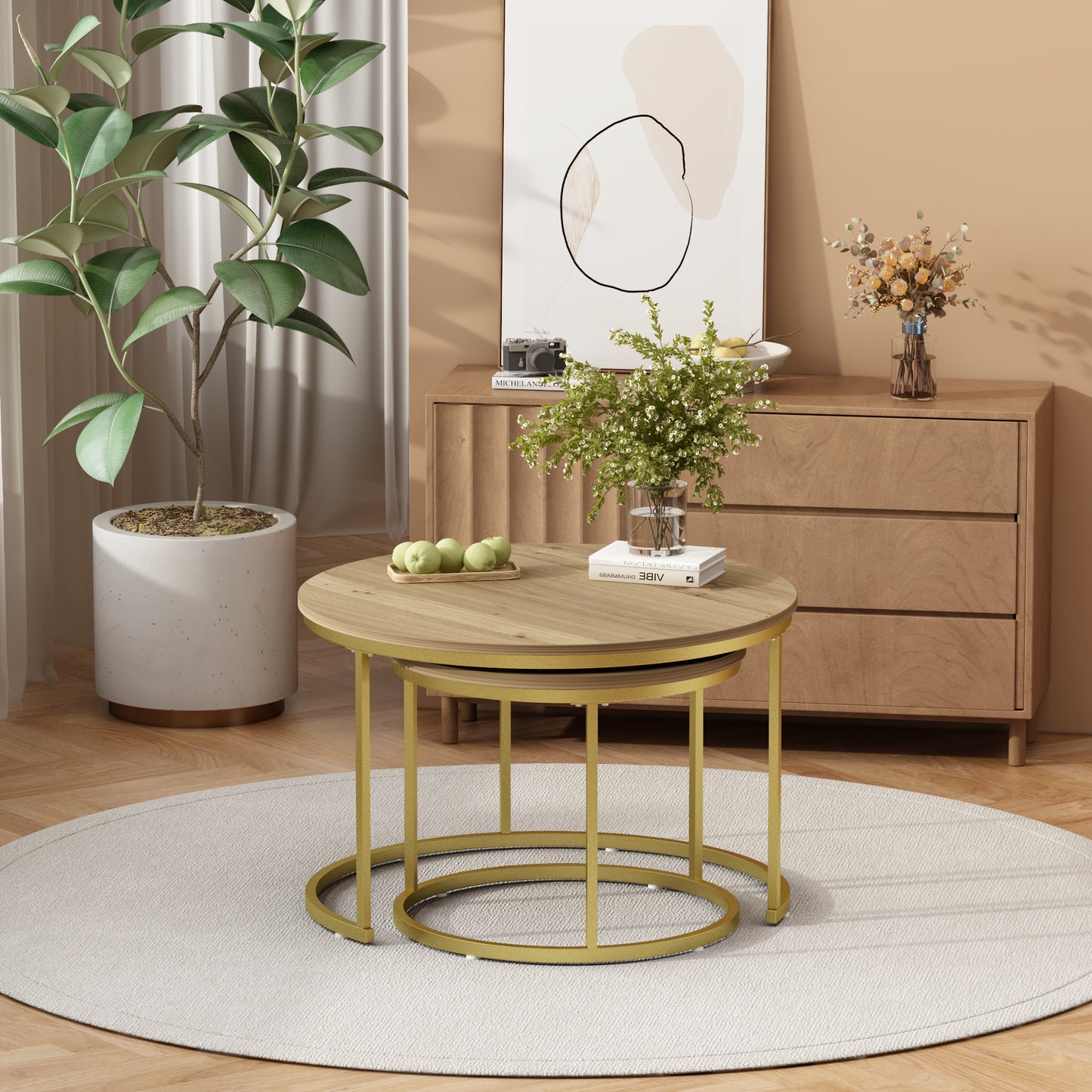 Nesting Coffee Table Set of 2 - Round Wood & Metal - Brown+Gold