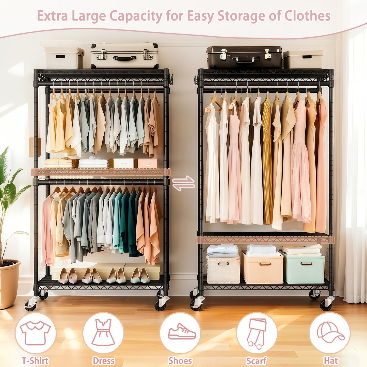 Rolling Clothes Rack, Heavy Duty Rack With Wheels, 3 Tiers Adjustable