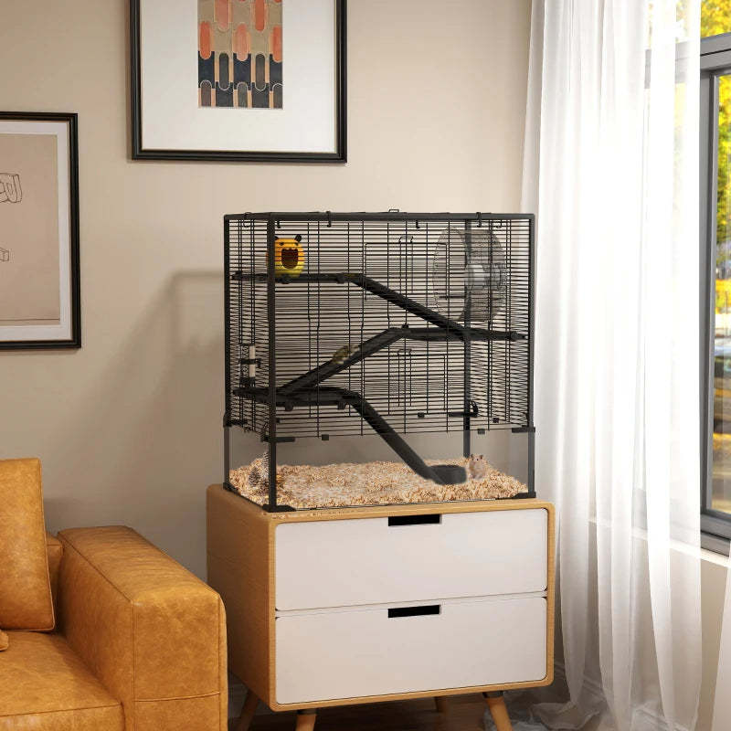 Multi-Level Hamster Cage with Tempered Glass Bottom, Running Wheel & Hut