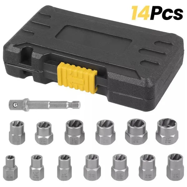 14-Piece Nut & Bolt Extractor Set for Damaged Fasteners | Hand Tool Kit