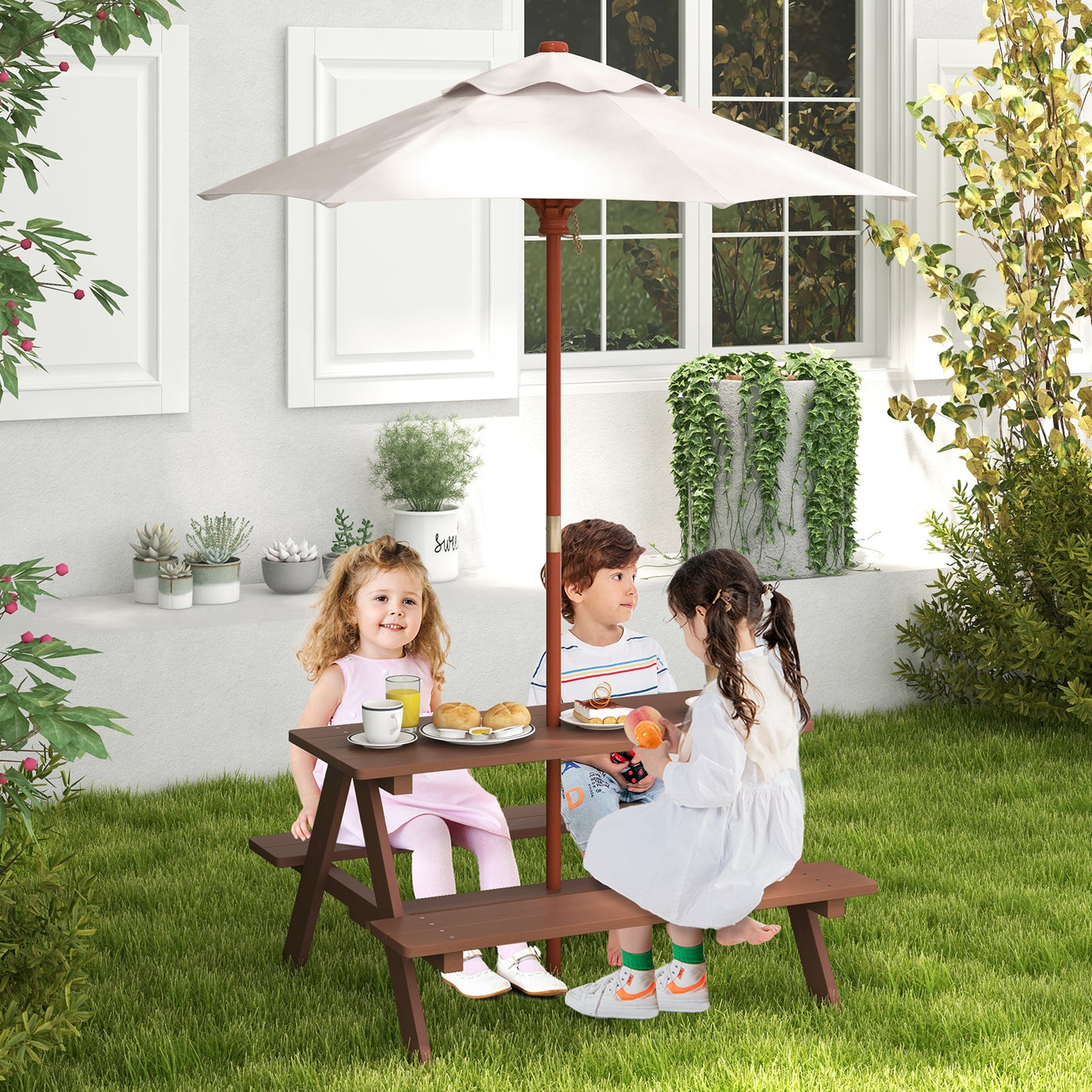 Outdoor 4-Seat Picnic Table with Detachable Umbrella