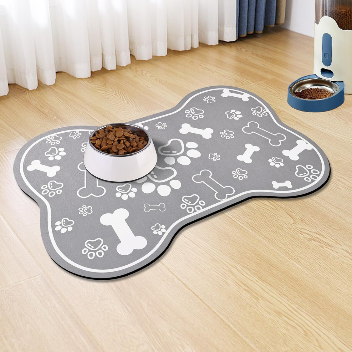 Pet Feeding Mat with Non-Slip Rubber Backing, Super Absorbent Dog & Cat Water Bowl Pad - Grey