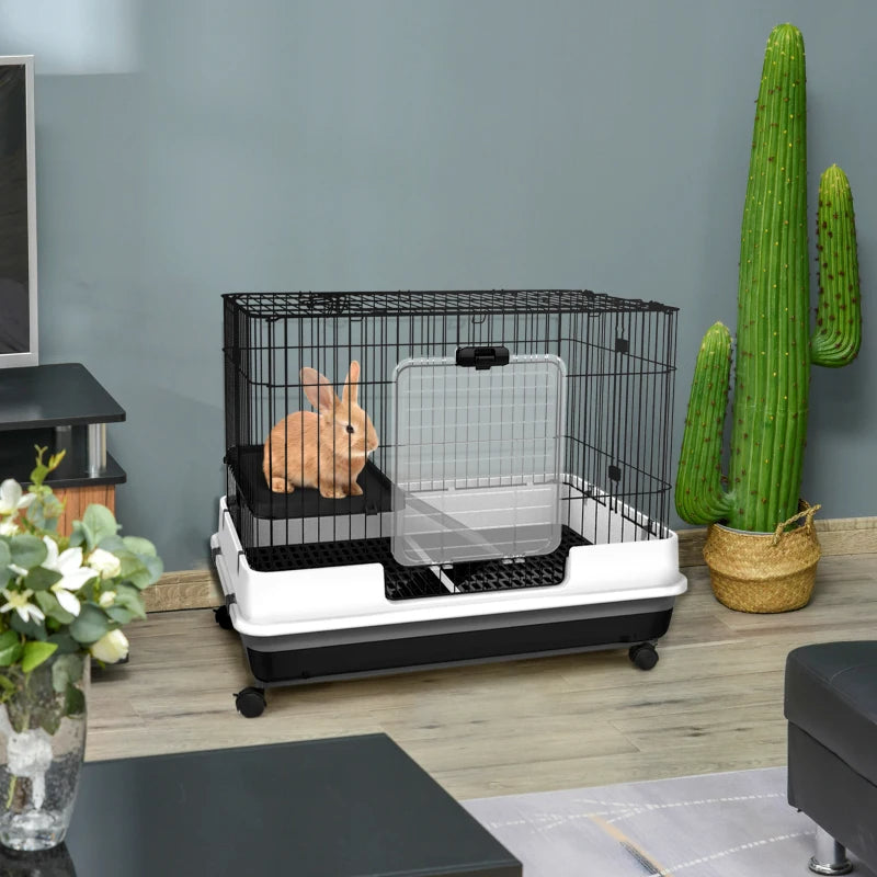 Small Animal Cage with Wheels and Removable Tray for Rabbits, Chinchillas, Ferrets - Black