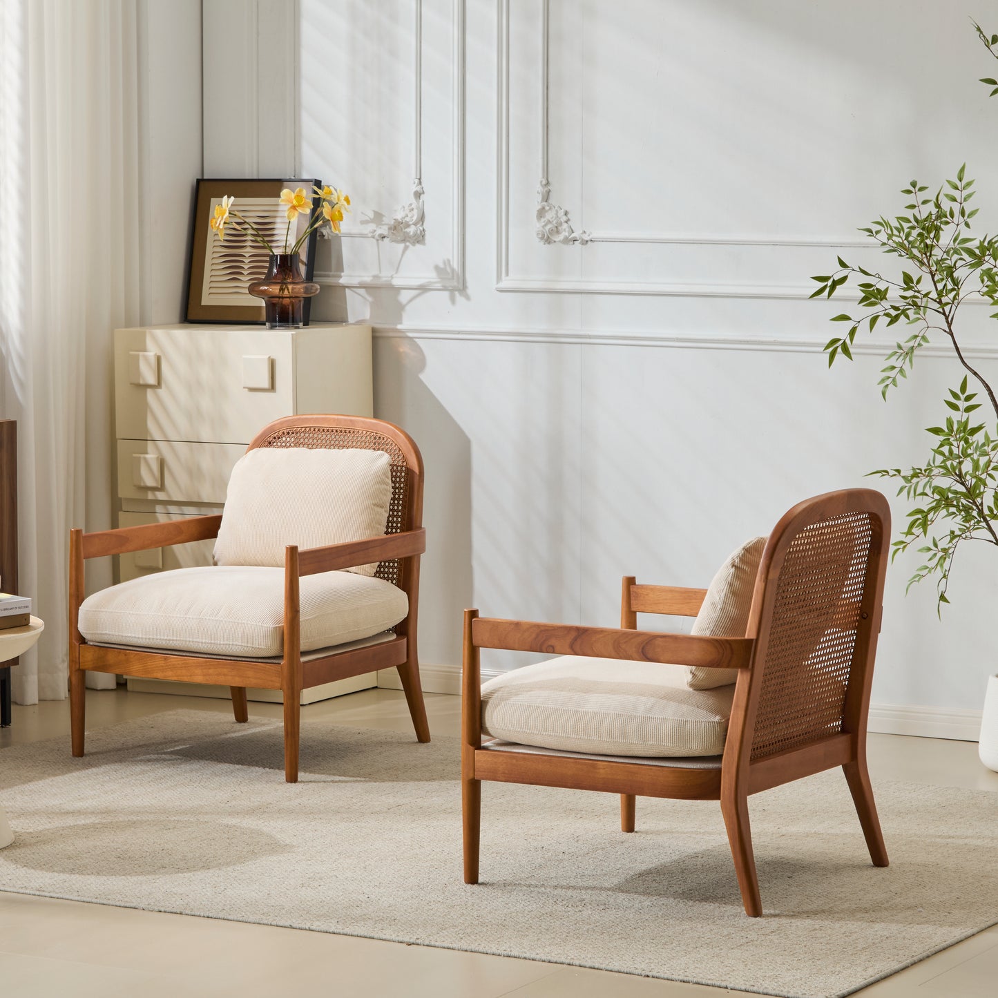 Mid-Century Modern Accent Chair Set - Solid Wood & Rattan, Beige