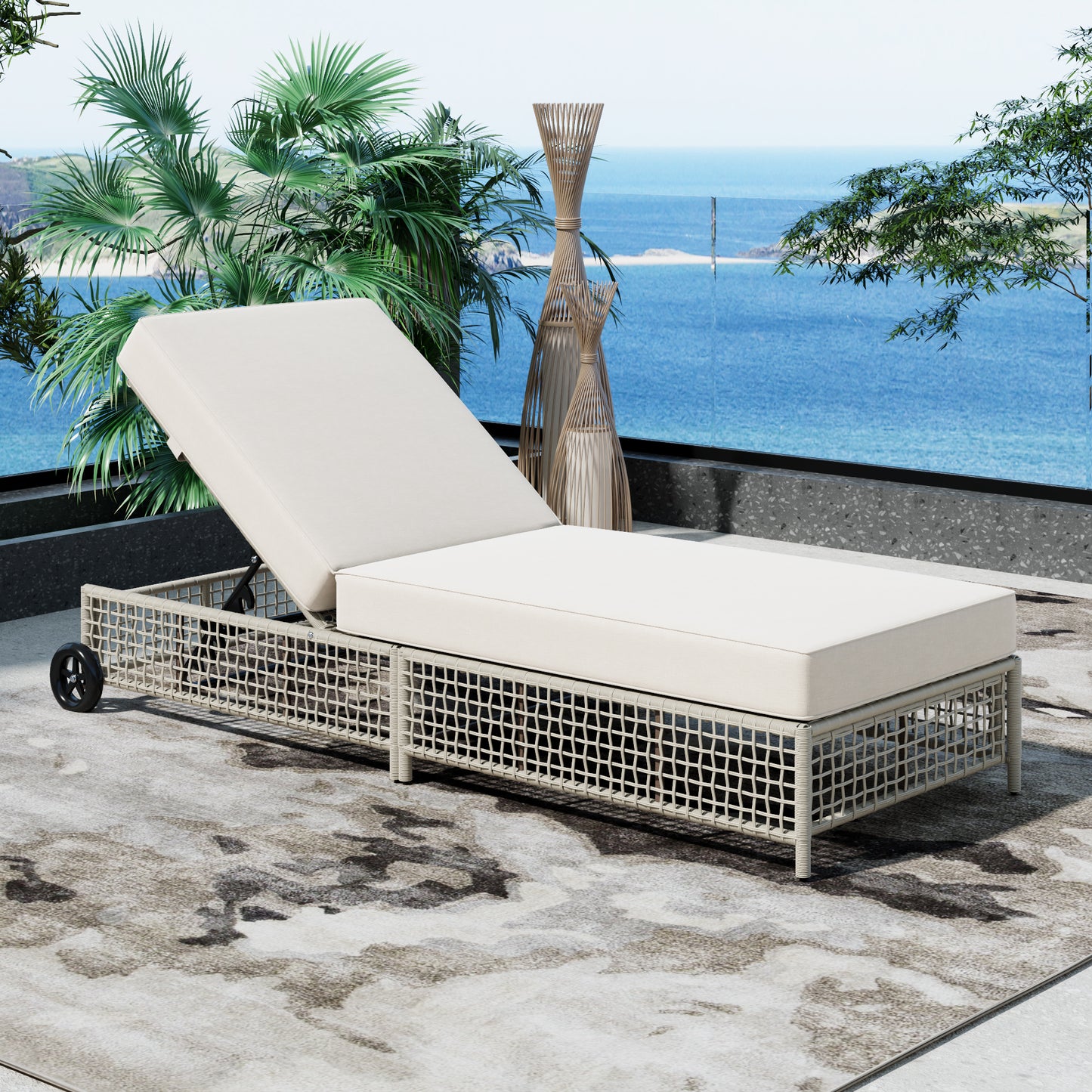 Outdoor Lounge Chair with 5-Position Backrest & Wheels - Beige Cushion