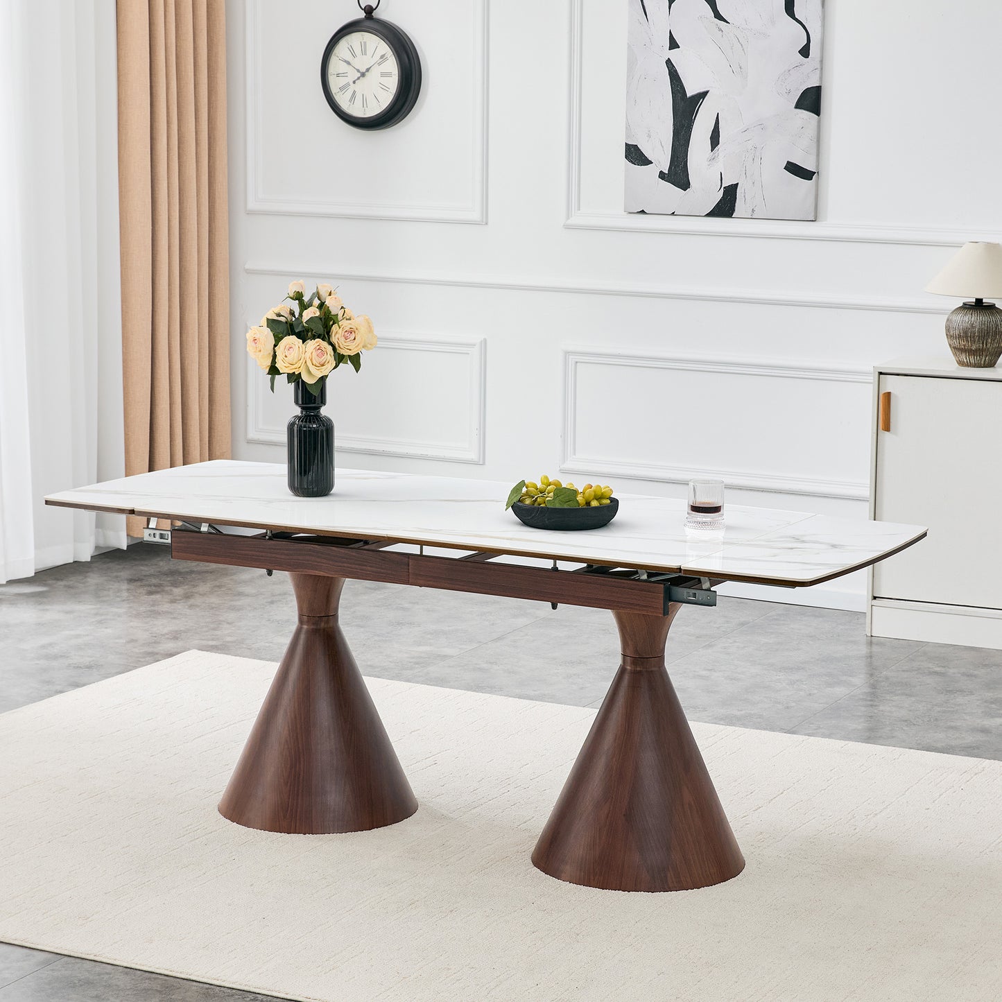 Extendable Dining Table with White Marble-Patterned Top