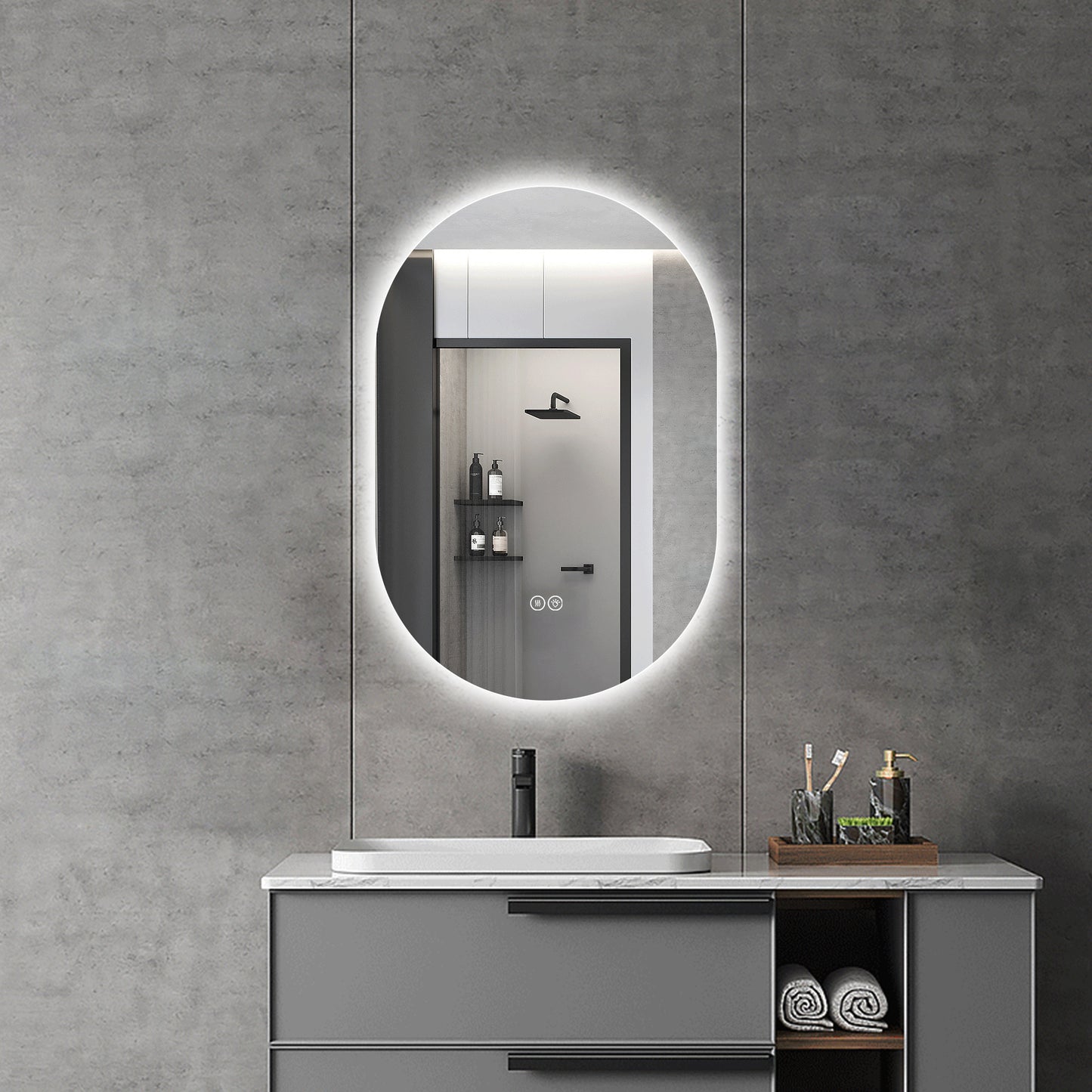 24x36 Capsule LED Backlit Bathroom Mirror - Antique Silver