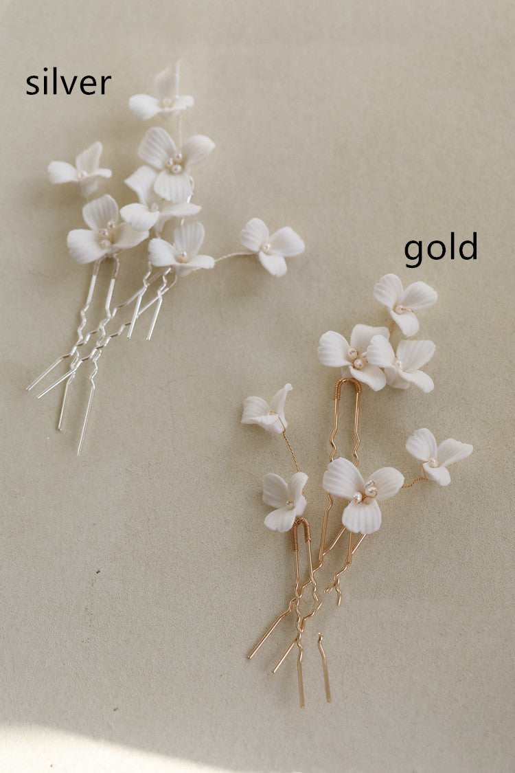 Ceramic Flower Freshwater Pearl Hair Fork - 3pc Set