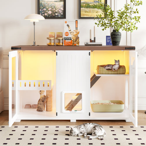Large Cat Litter Box Enclosure with LED Light and Stairs - White