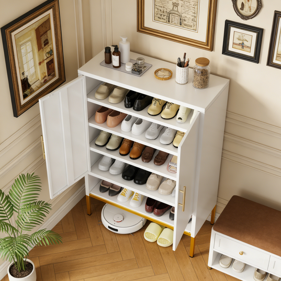 40-Inch Tall 2-Door Metal Shoe Cabinet - 7-Tier Organizer in White