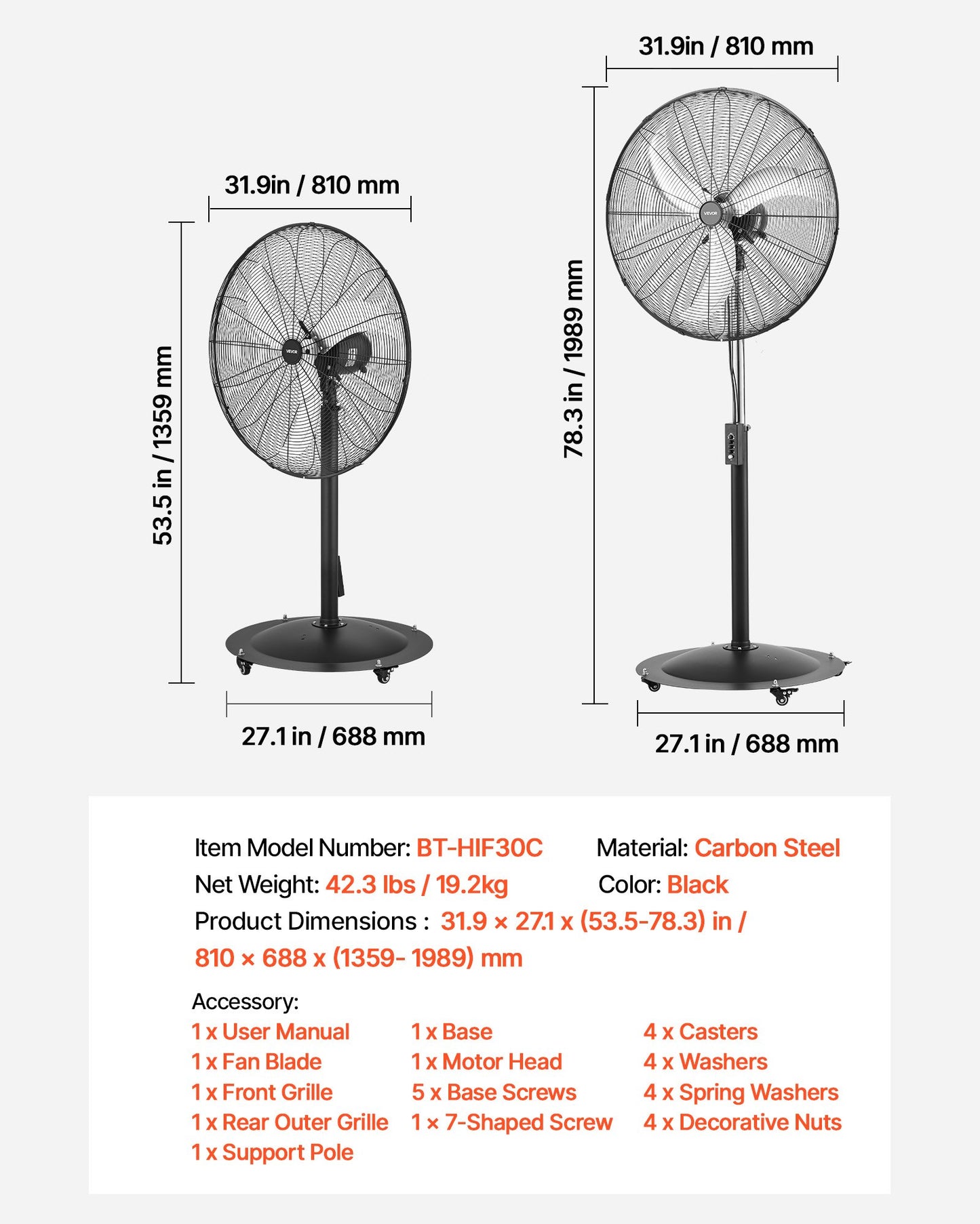 30-Inch Industrial Pedestal Fan with 9100 CFM, 3-Speed Oscillating Floor Fan, Waterproof, Black
