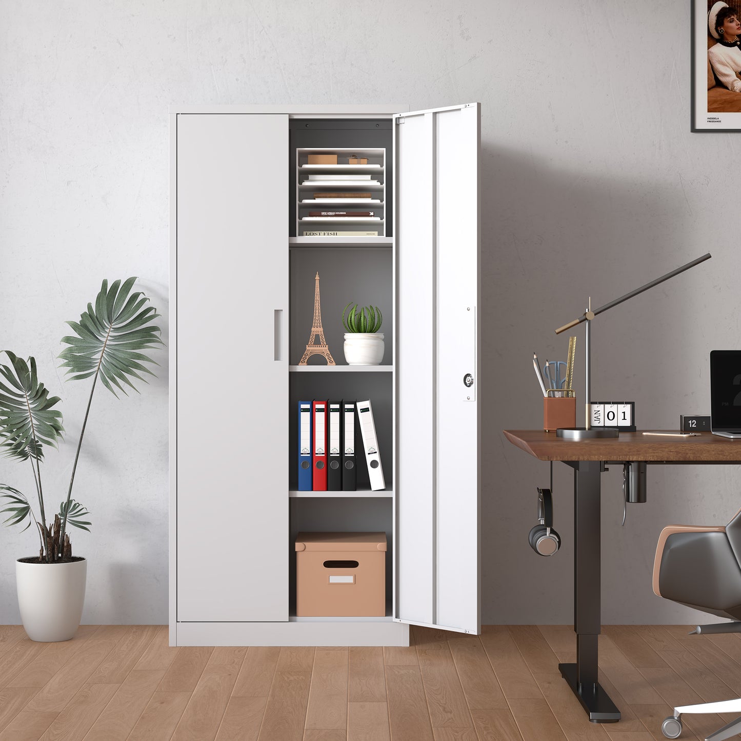 71 H Metal Garage Storage Cabinet, White Tool Steel Locking Cabinet