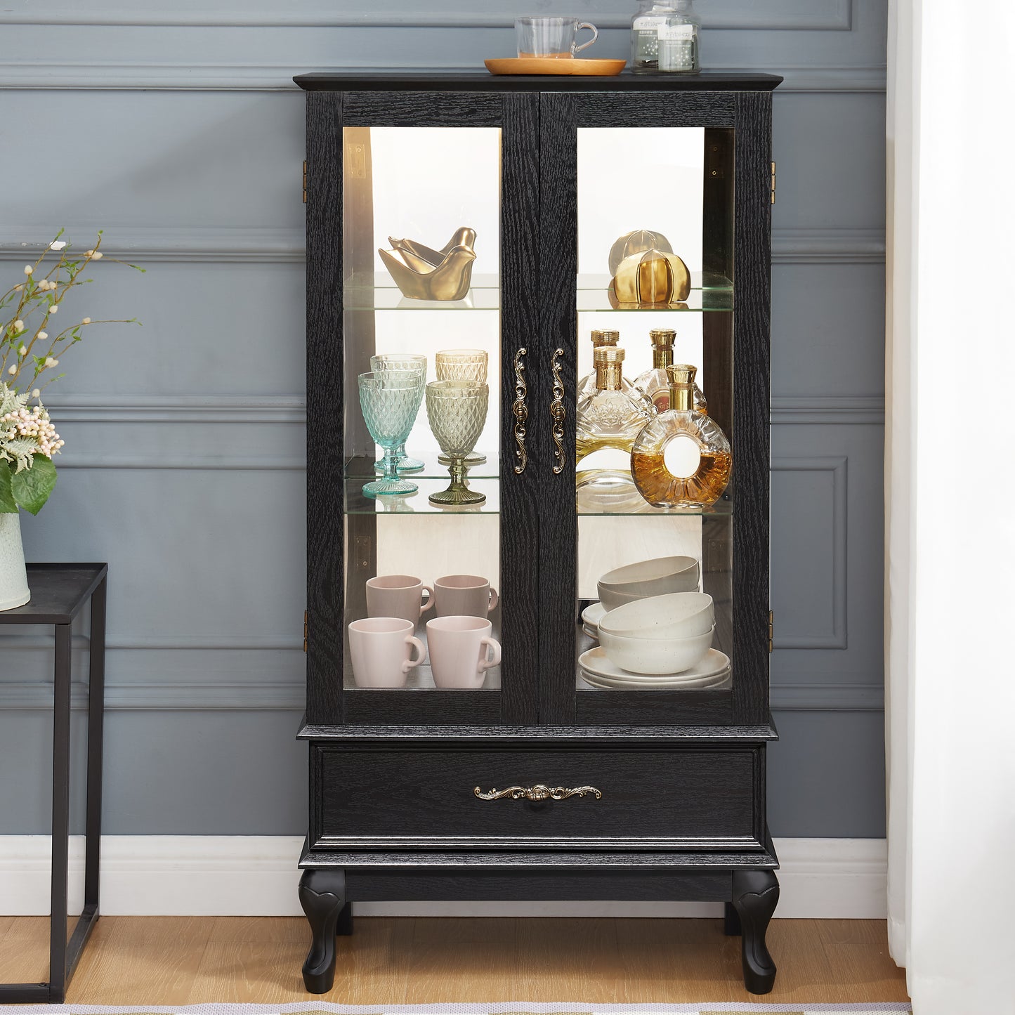 Lighted Curio Cabinet With Glass Doors And Adjustable Shelves 2 Door