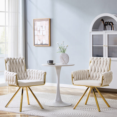 Set of 2 Velvet Braided Accent Dining Chairs with Gold Legs - Beige