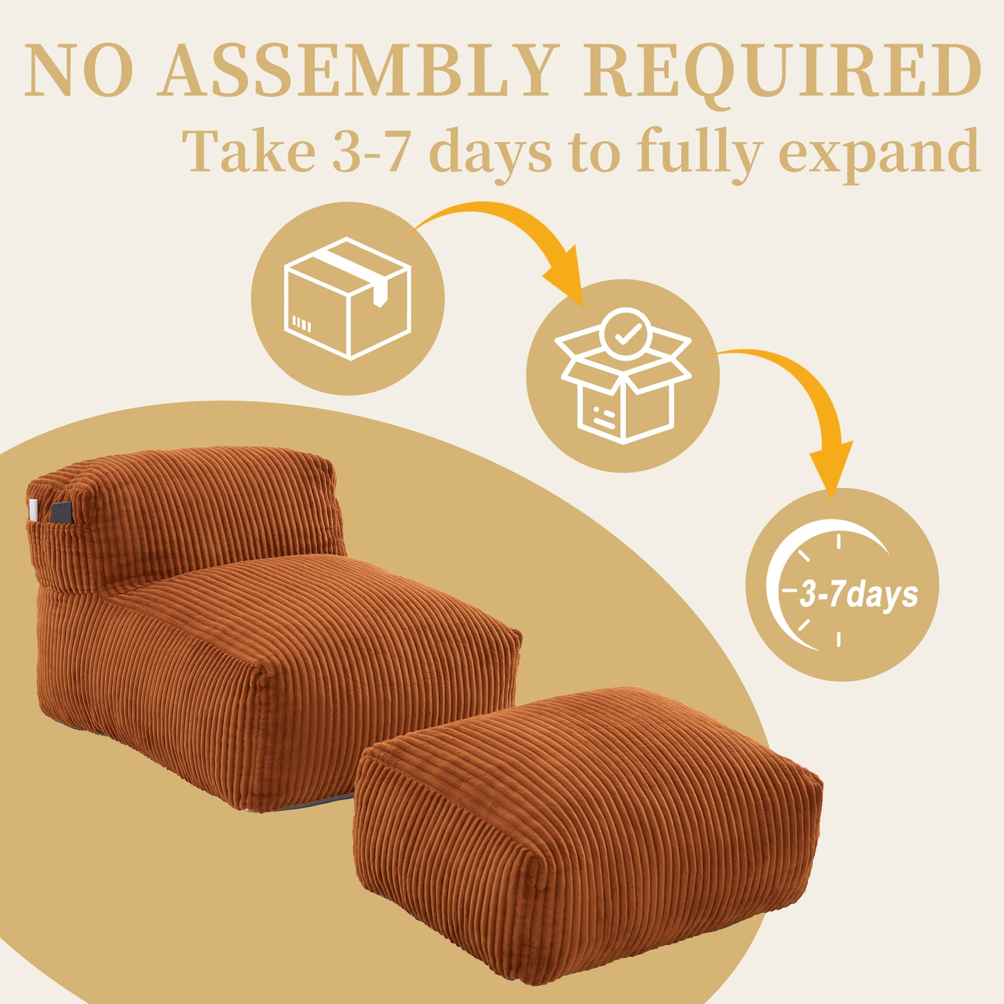 Large Memory Foam Bean Bag Chair for Adults - Orange Corduroy