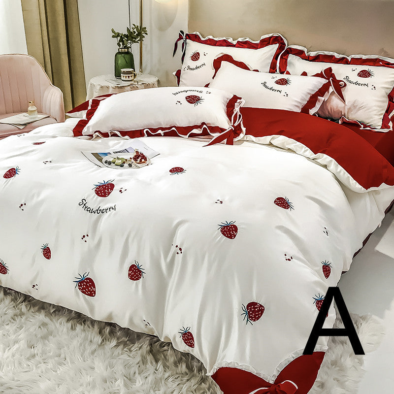 Cotton Embroidery Duvet Cover Set - Four-Piece Bedding with Strawberry Design
