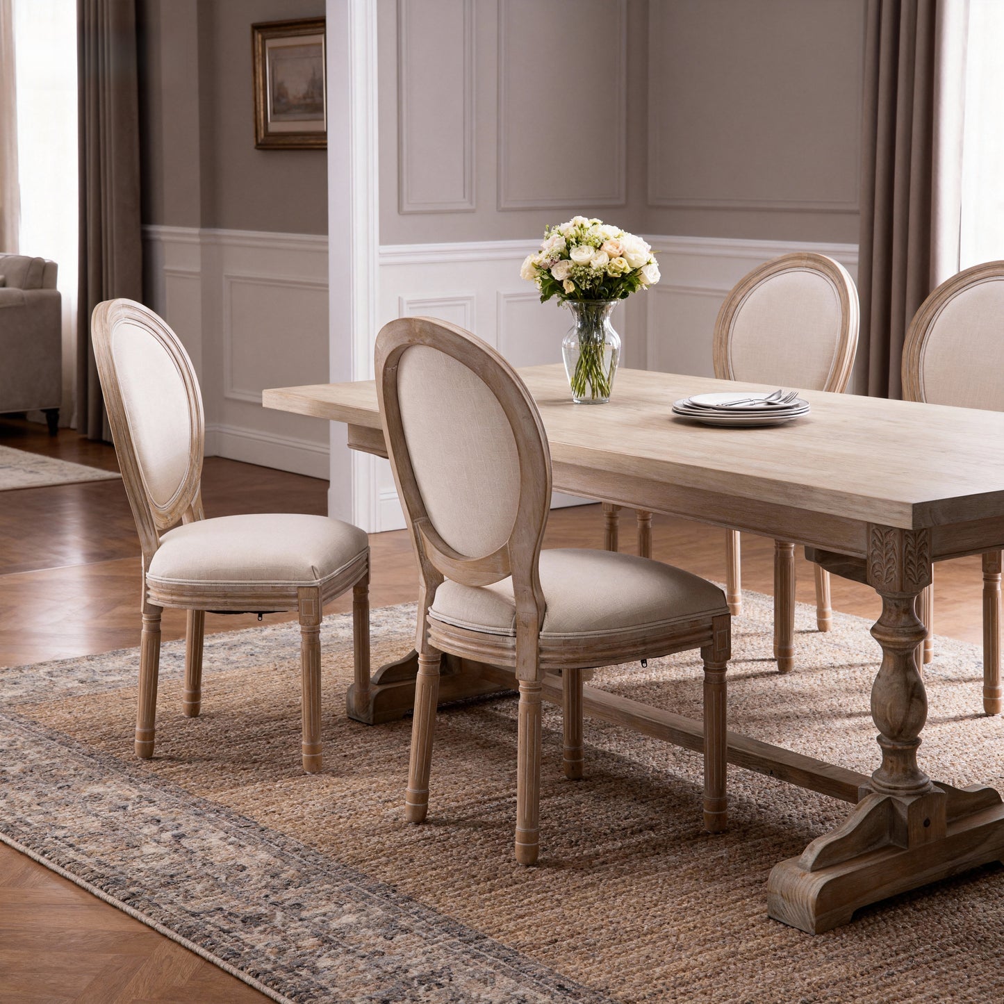 Beige French Style Solid Wood Frame Oval Back Dining Chairs - Set of 2