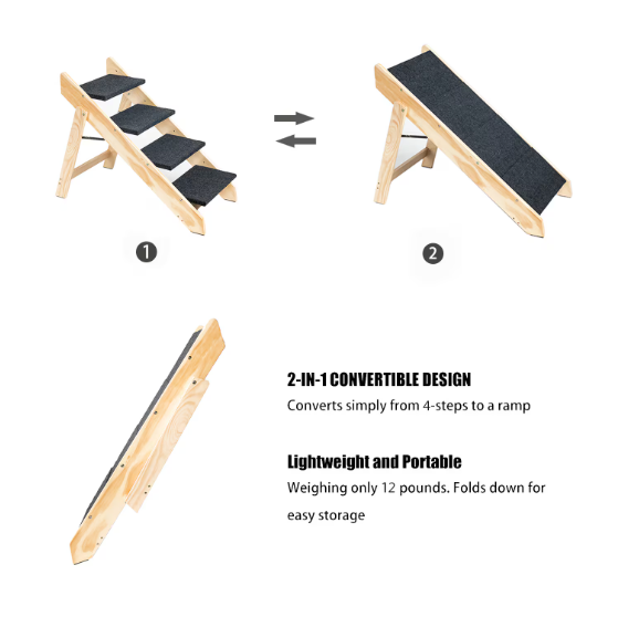 Foldable Wooden Pet Stairs & Ramps for Dogs & Cats - Acacia Wood, 4 Levels