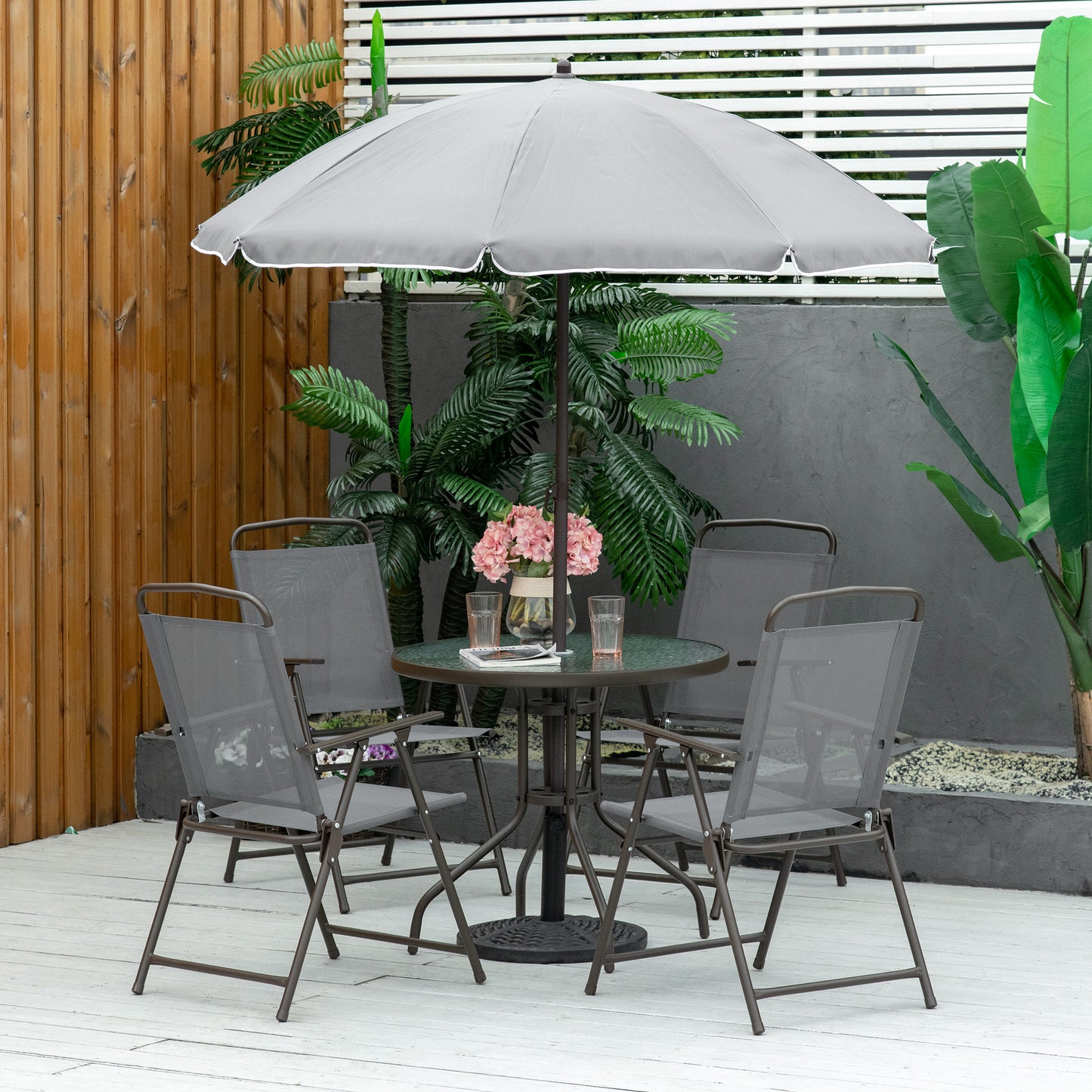 6-Piece Outdoor Dining Set for 4 with Umbrella - Gray