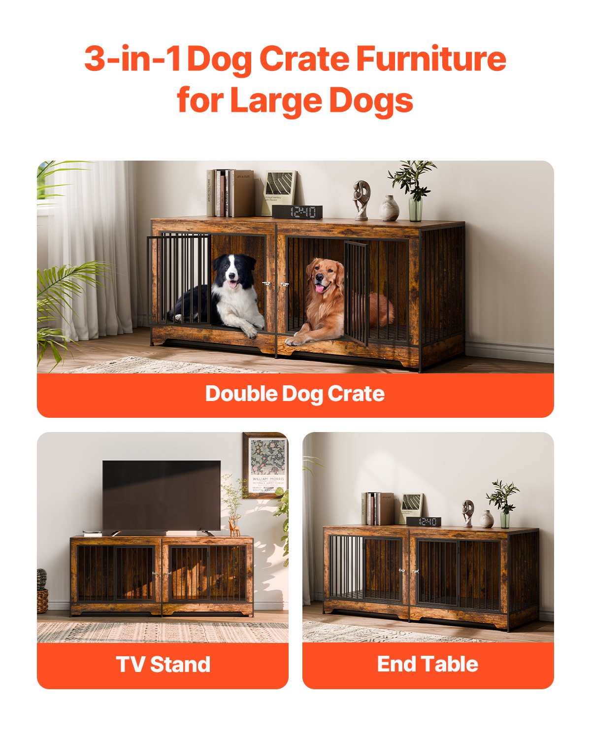 75 Inch Wooden Dog Crate Furniture with Divider & Tray - Indoor Pet Kennel