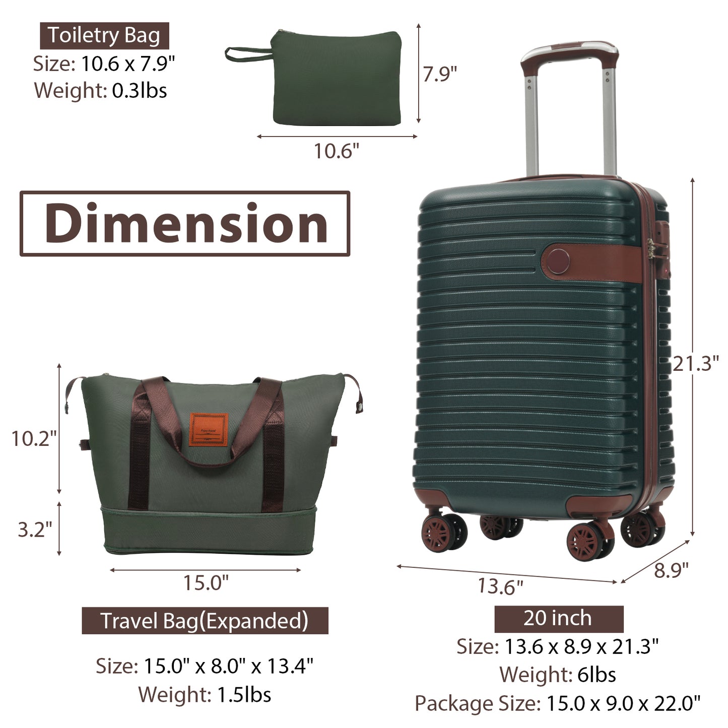 3-Piece Carry-On Luggage Set - 20-Inch Lightweight ABS Suitcases - Green