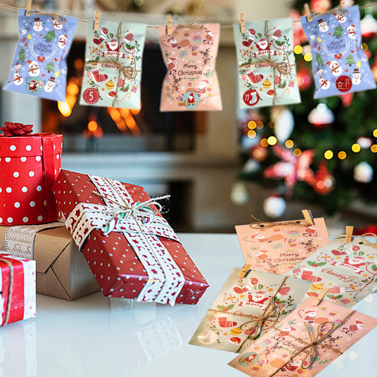 24 Christmas Gift Bags - Red, Green & Blue Paper Candy Bags