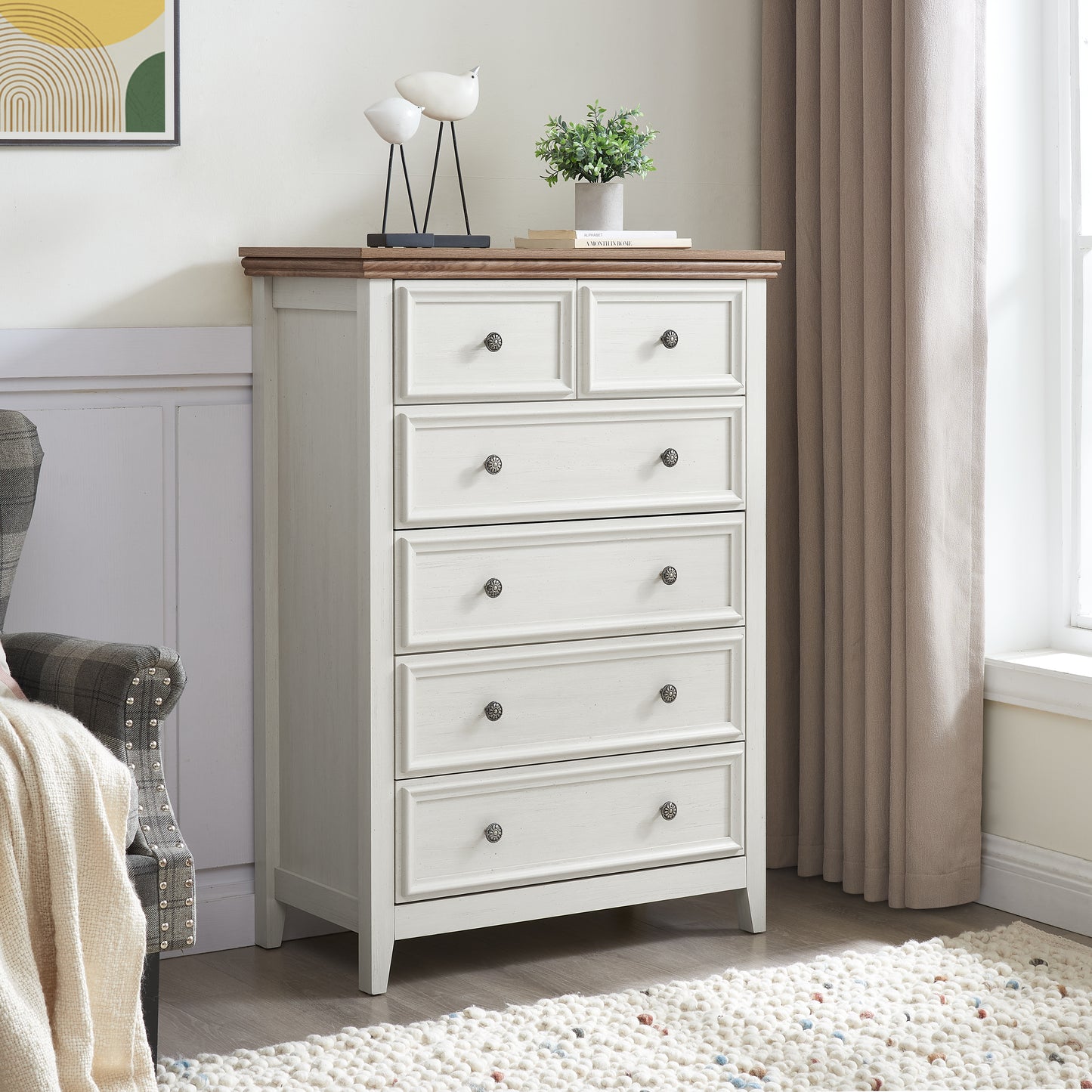 Modern 6 Drawer Dresser - Beige Chest of Drawers for Storage