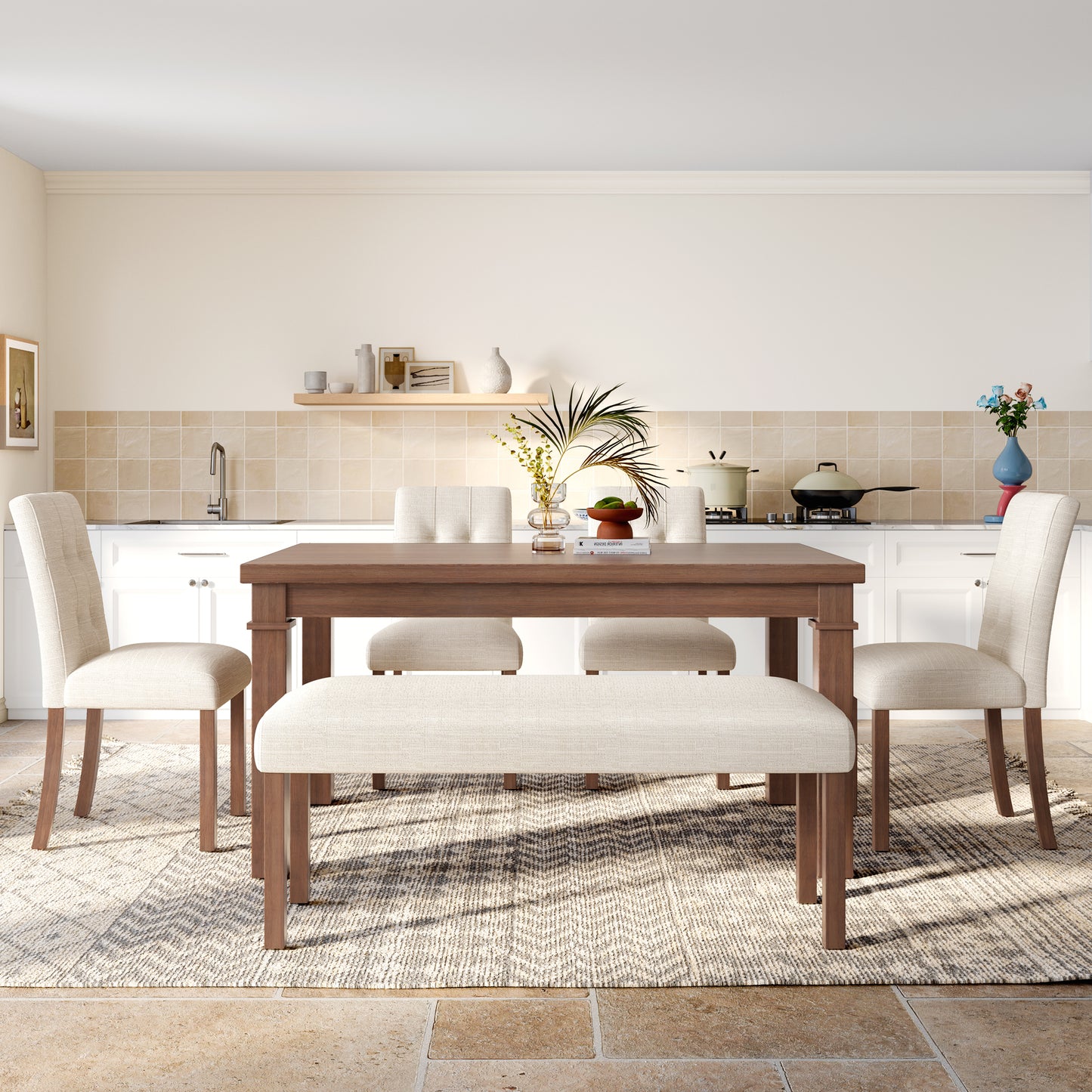 6-Piece Modern Dining Set, Rectangle Kitchen Table With 4 Upholstered