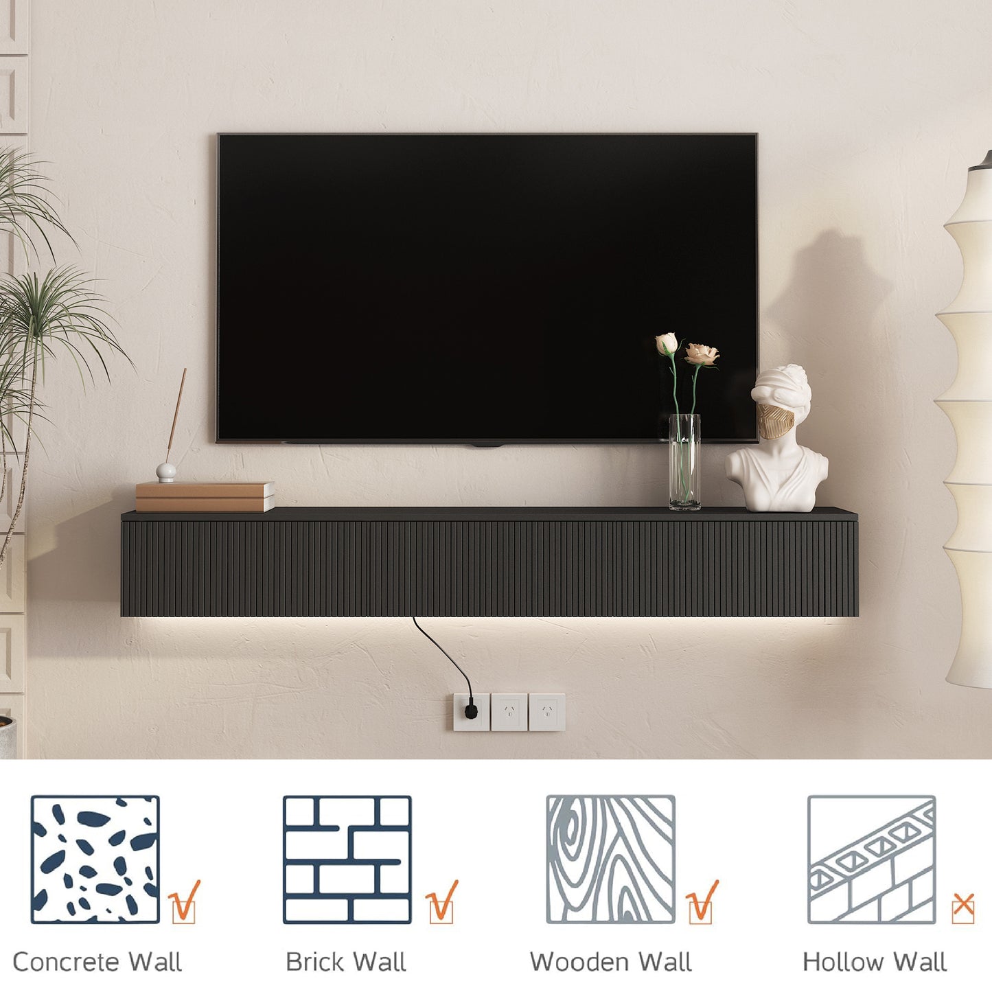 Floating TV Stand Wall Mounted with 16 Color LEDs - Black