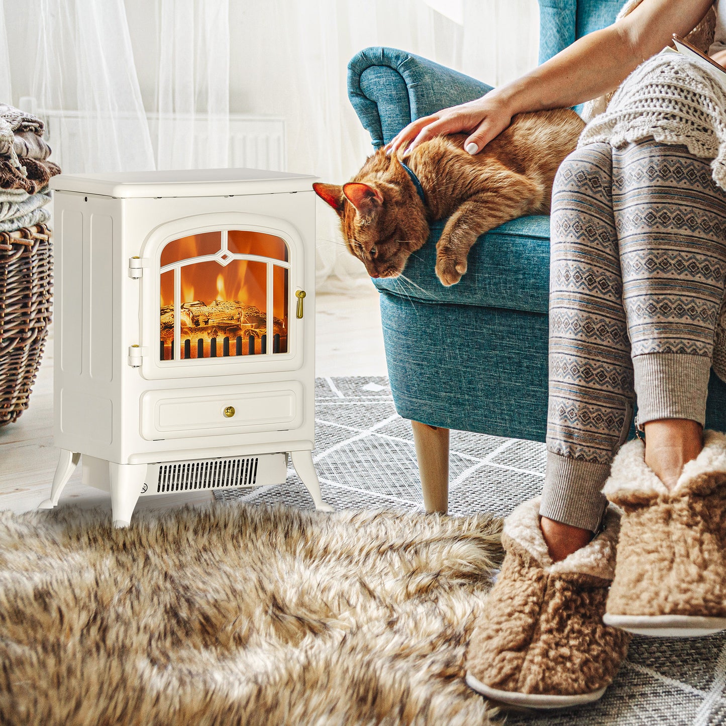 Electric Fireplace Heater with Realistic LED Flames - 725W/1450W, Beige