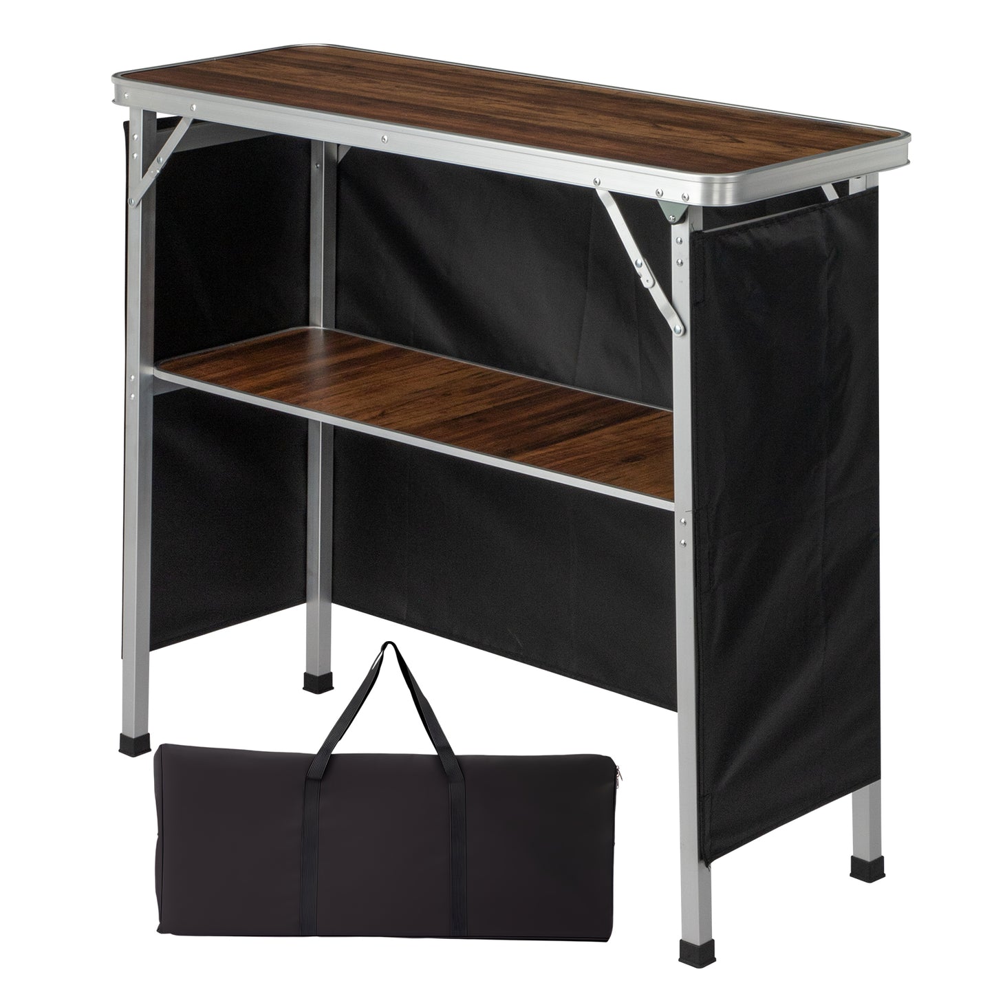 Portable Folding Bar Table with Storage Shelf & Carry Bag - Brown