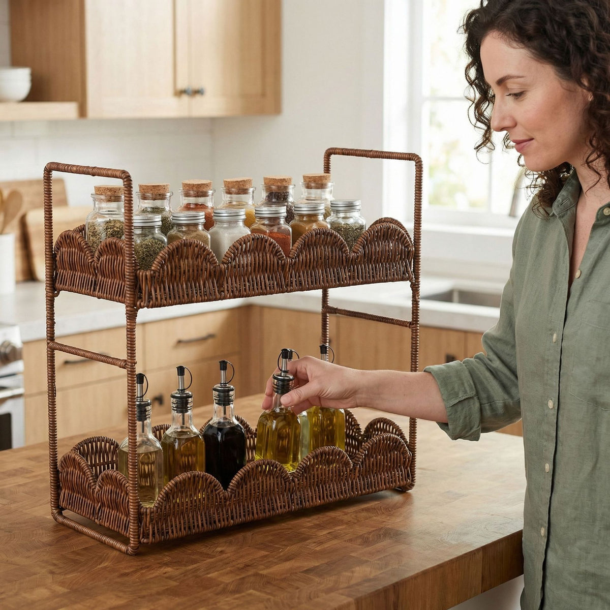 Double-Tier Bathroom Storage Shelf Rattan-Woven Movable Organizer