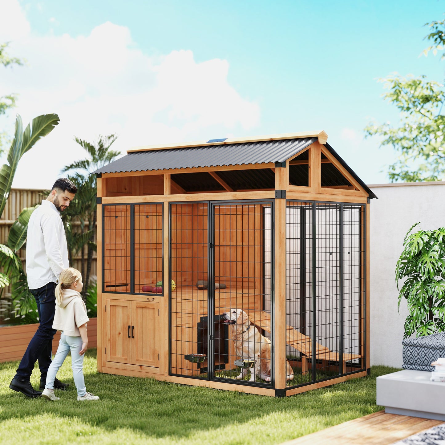Large Outdoor Dog House with Platform and Storage Cabinet - Weatherproof Wooden Kennel