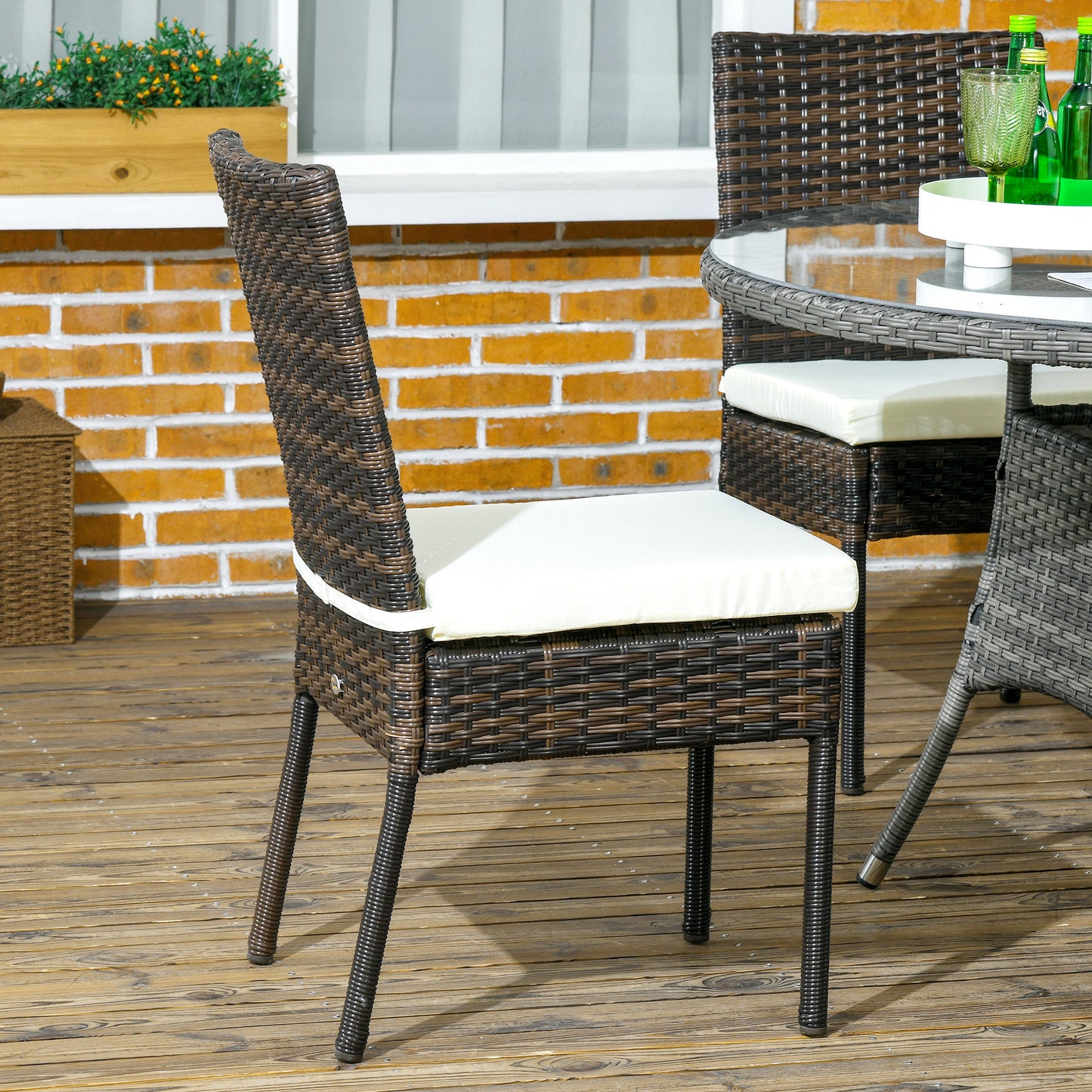 4-Piece Brown Rattan Outdoor Dining Chairs Set with Cushions